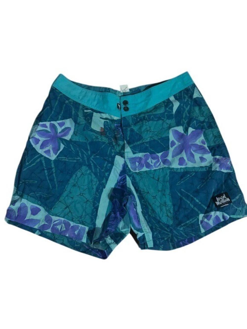 Vintage Teal Purple Floral Hawaiian Tropical Swim Shorts Retro Resort Size M